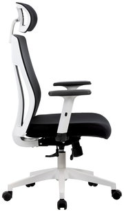 Moderner Drehstuhl mit ergonomischer Rückenlehne und Kopfstütze, seitliche Perspektive