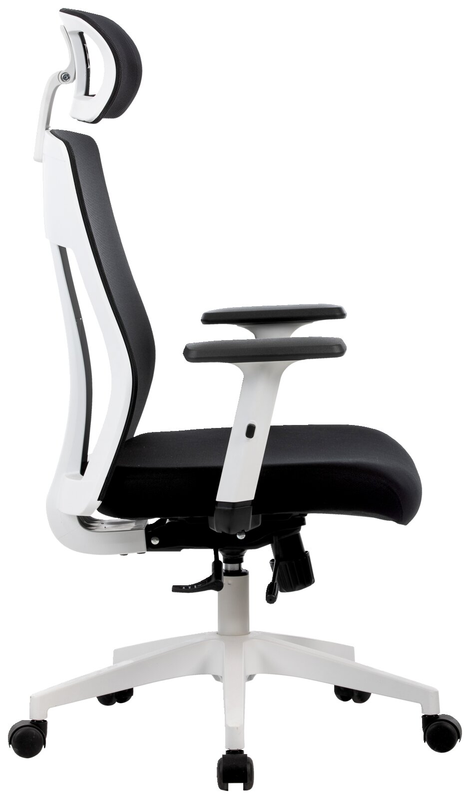 Moderner Drehstuhl mit ergonomischer Rückenlehne und Kopfstütze, seitliche Perspektive