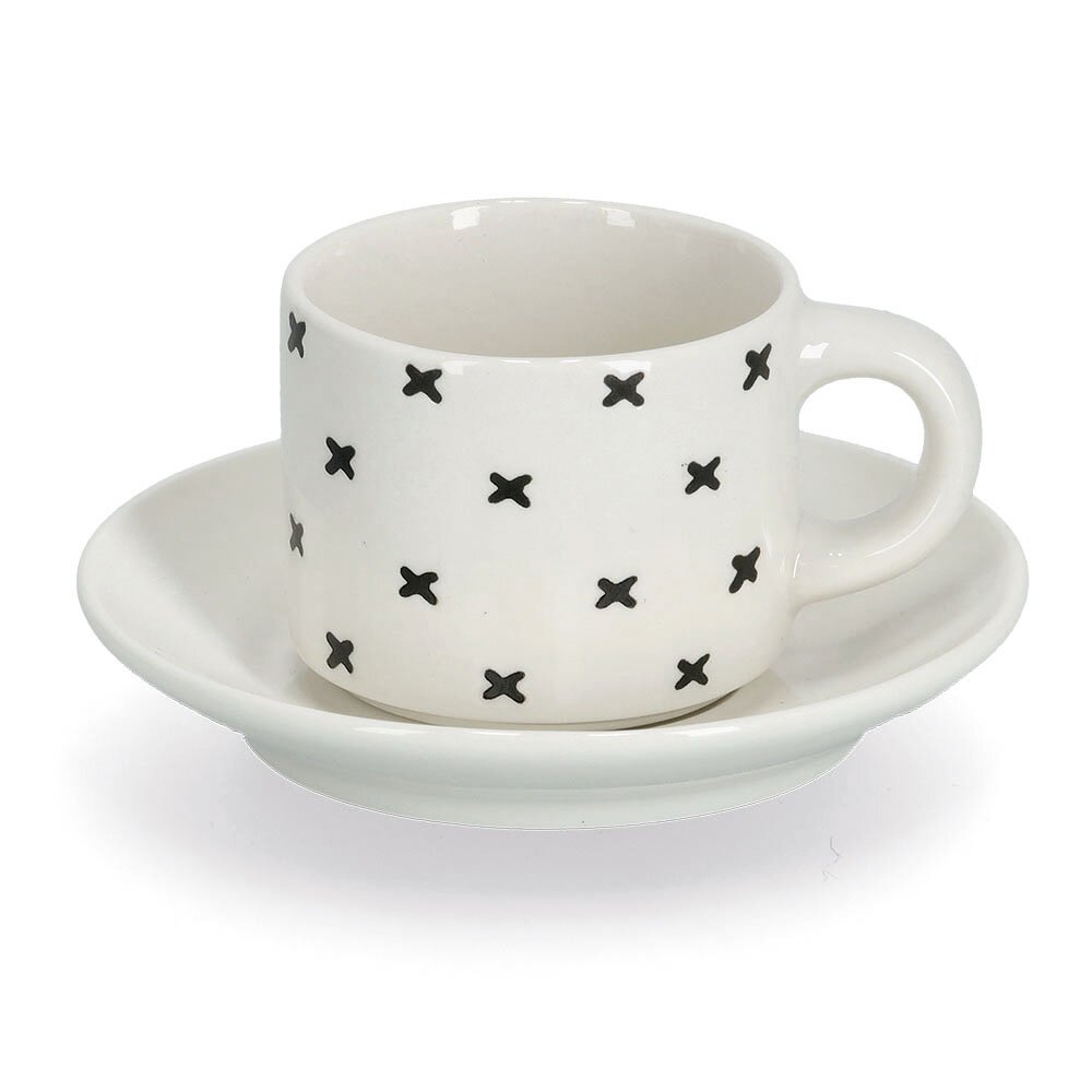 Espresso-Tasse mit Untertasse, weiß mit schwarzen Kreuzen, seitliche Perspektive