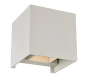 Moderne weiße Wandleuchte in kubischer Form, seitliche Perspektive