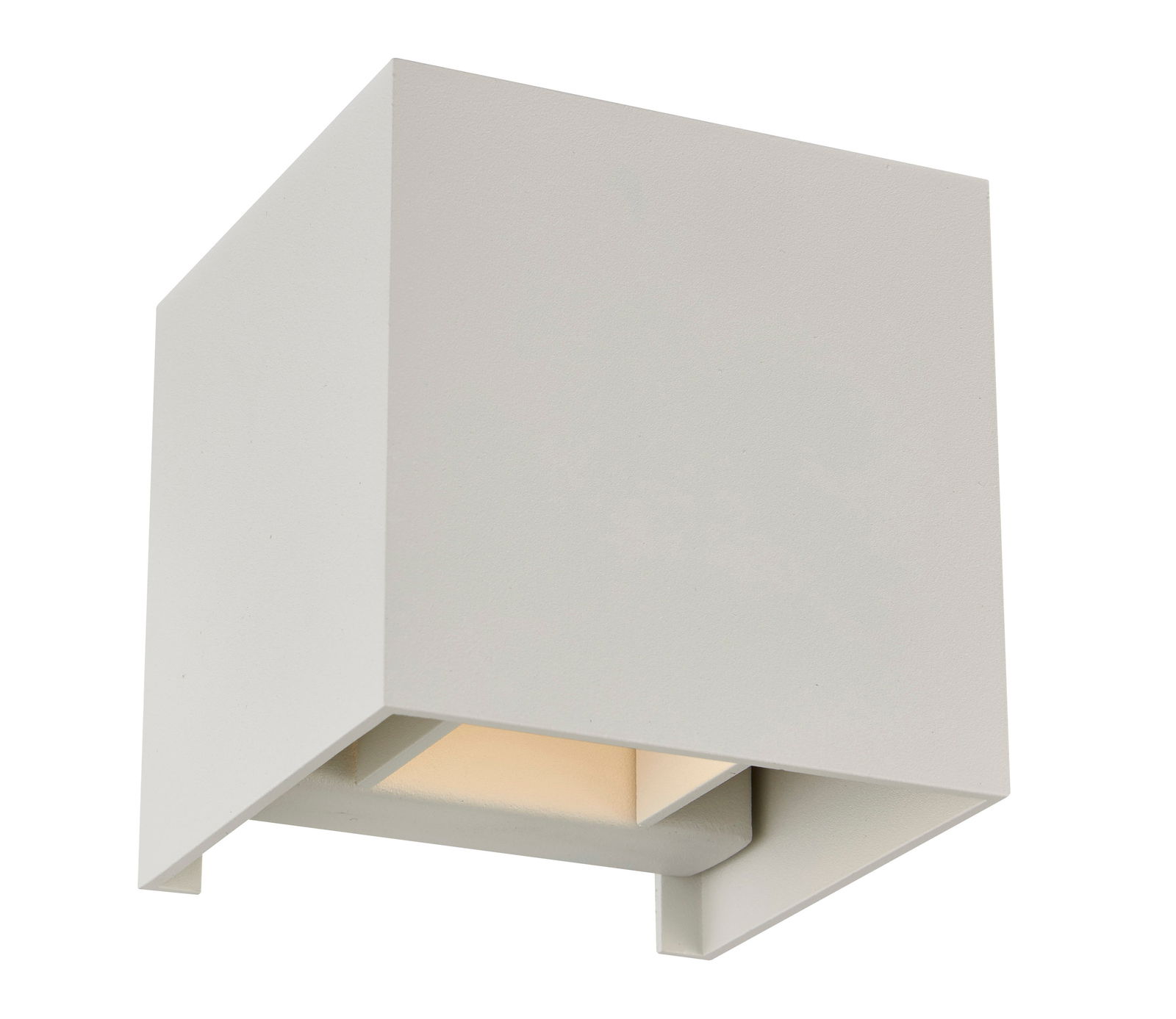 Moderne weiße Wandleuchte in kubischer Form, seitliche Perspektive
