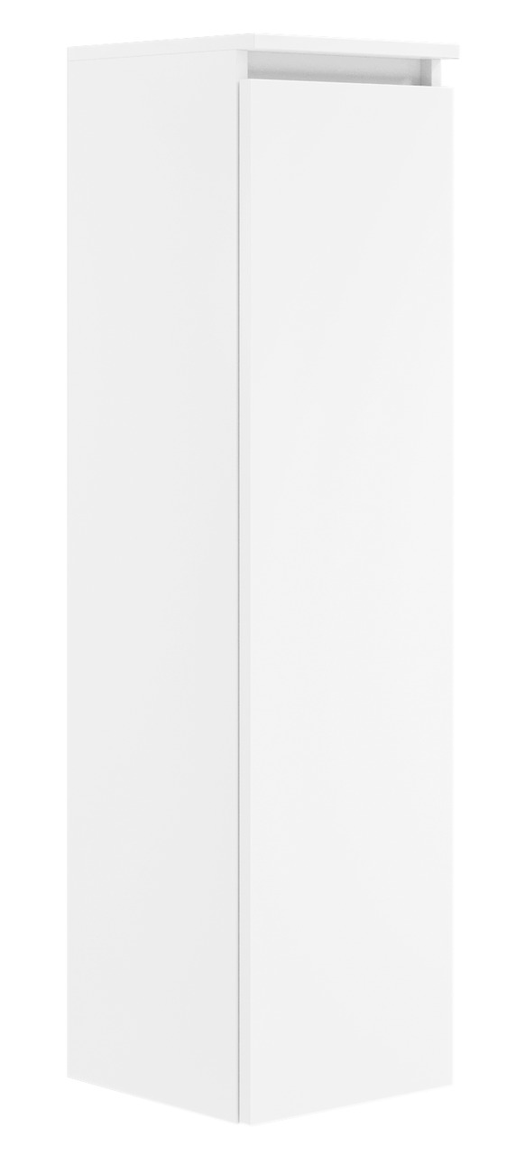 Weißer, moderner Badezimmerschrank in schräger Perspektive von vorne.