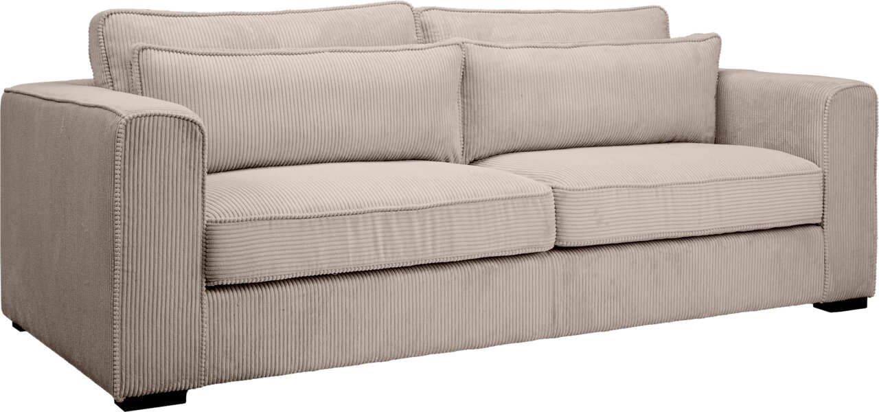 MID.YOU 3-Sitzer ALMERA Beiges 2-Sitzer-Sofa mit Cordbezug, breiten Armlehnen und zwei Sitz- sowie Rückenkissen, freigestellt auf weißem Hintergrund, in schräger Frontansicht von links.