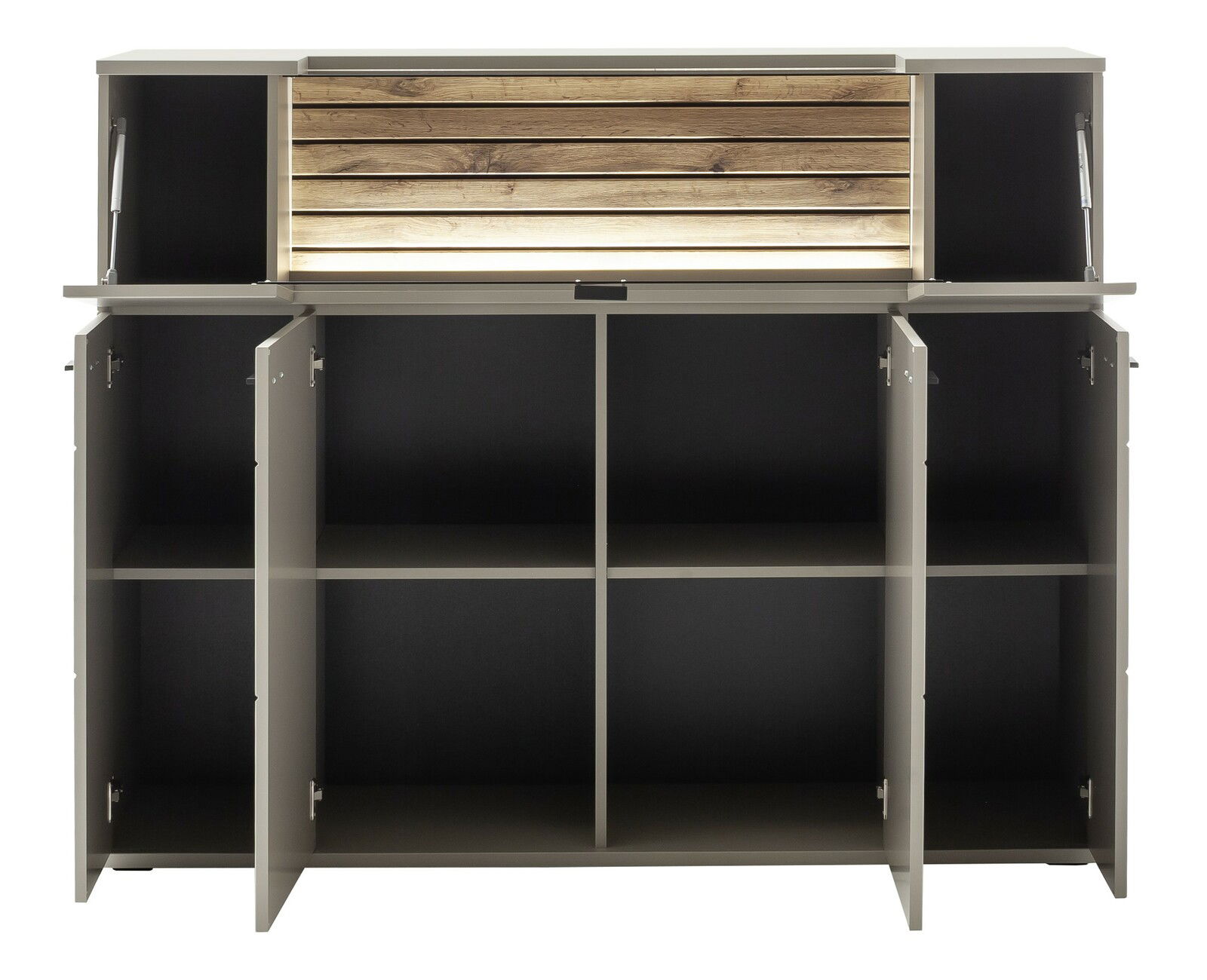 Frontale Ansicht eines Highboards mit offenen Türen und Fächern, obere Klappe mit Holzverkleidung und Beleuchtung.