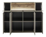 Frontale Ansicht eines Highboards mit offenen Türen und Fächern, obere Klappe mit Holzverkleidung und Beleuchtung.