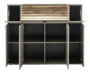 Frontale Ansicht eines Highboards mit offenen Türen und Fächern, obere Klappe mit Holzverkleidung und Beleuchtung.