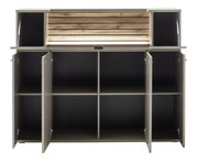 Frontale Ansicht eines Highboards mit offenen Türen und Fächern, obere Klappe mit Holzverkleidung und Beleuchtung.