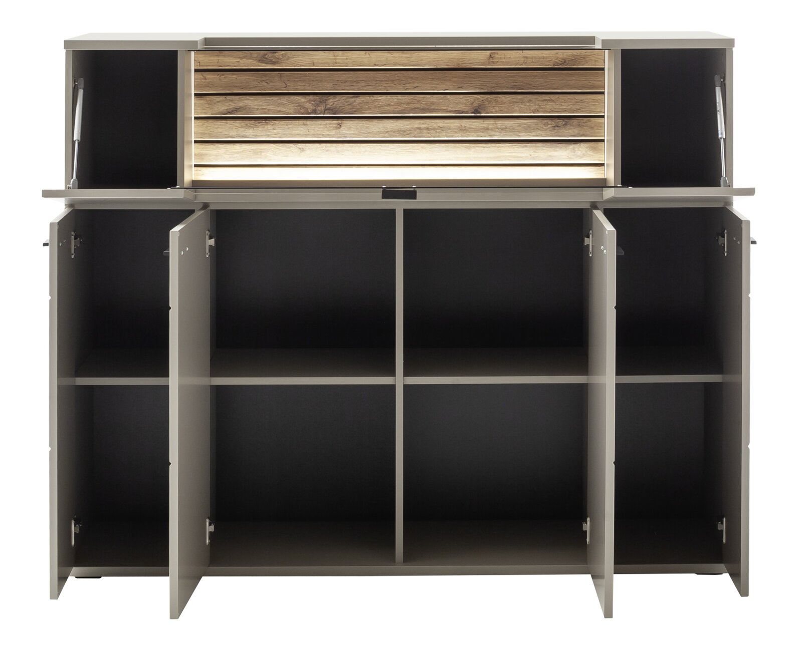 Vooraanzicht van een hoogkast met open deuren en vakken, bovenklep met houten bekleding en verlichting.