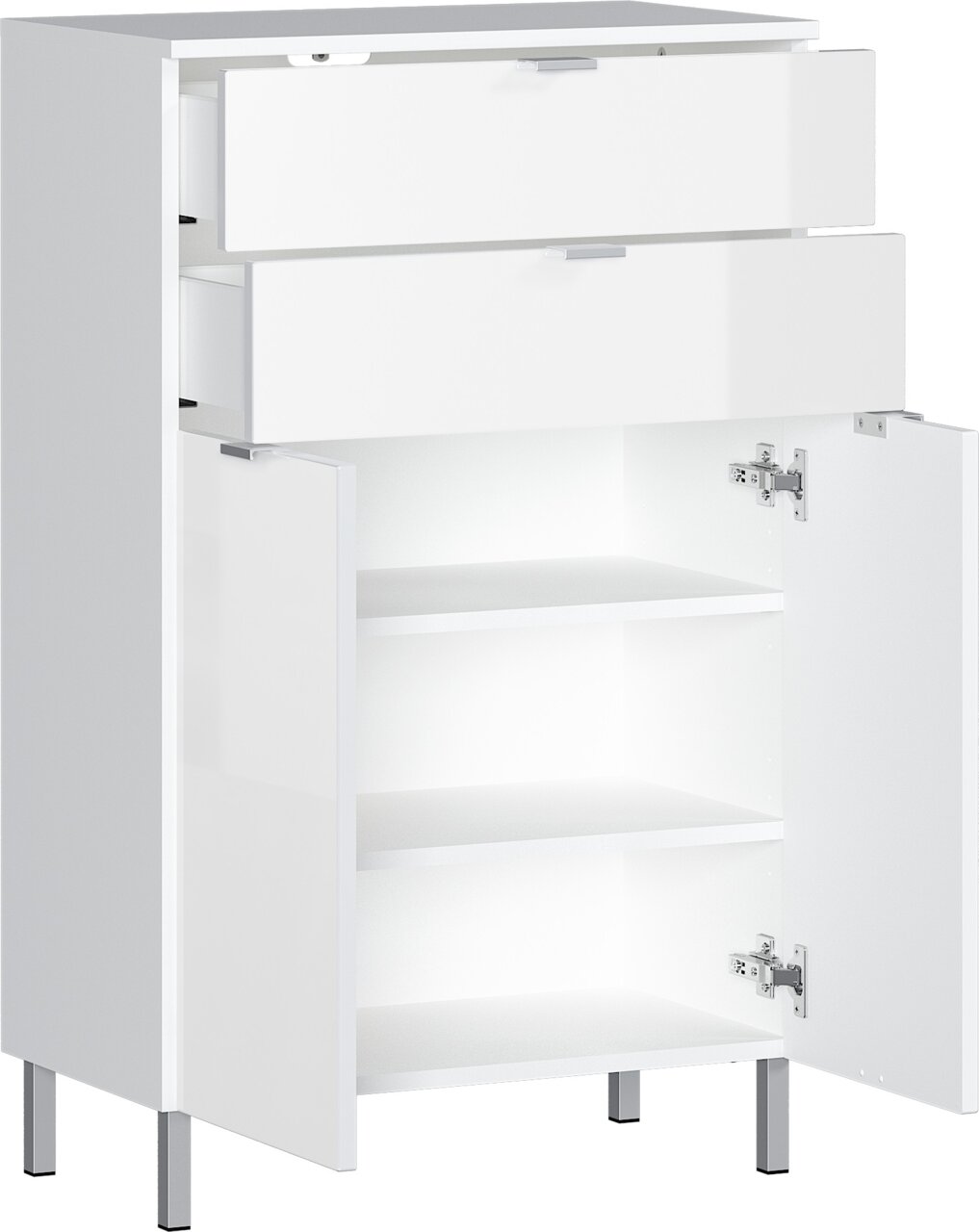 MID.YOU Kommode MAURESA Weiße Kommode mit zwei offenen Schubladen und zwei offenen Türen, seitliche Perspektive