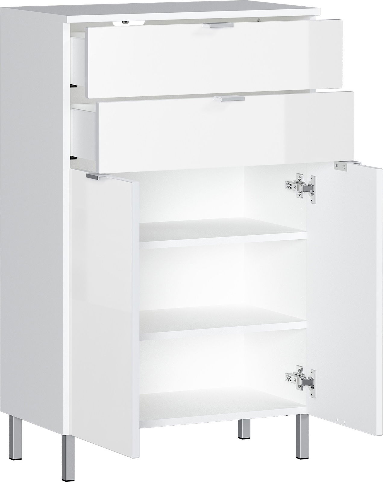 Weiße Kommode mit zwei offenen Schubladen und zwei offenen Türen, seitliche Perspektive