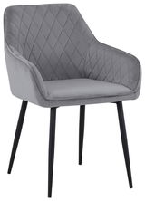 Grauer Armlehnstuhl mit gesteppter Rückenlehne und schwarzen Beinen, seitliche Perspektive