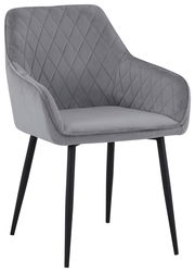 Grauer Armlehnstuhl mit gesteppter Rückenlehne und schwarzen Beinen, seitliche Perspektive