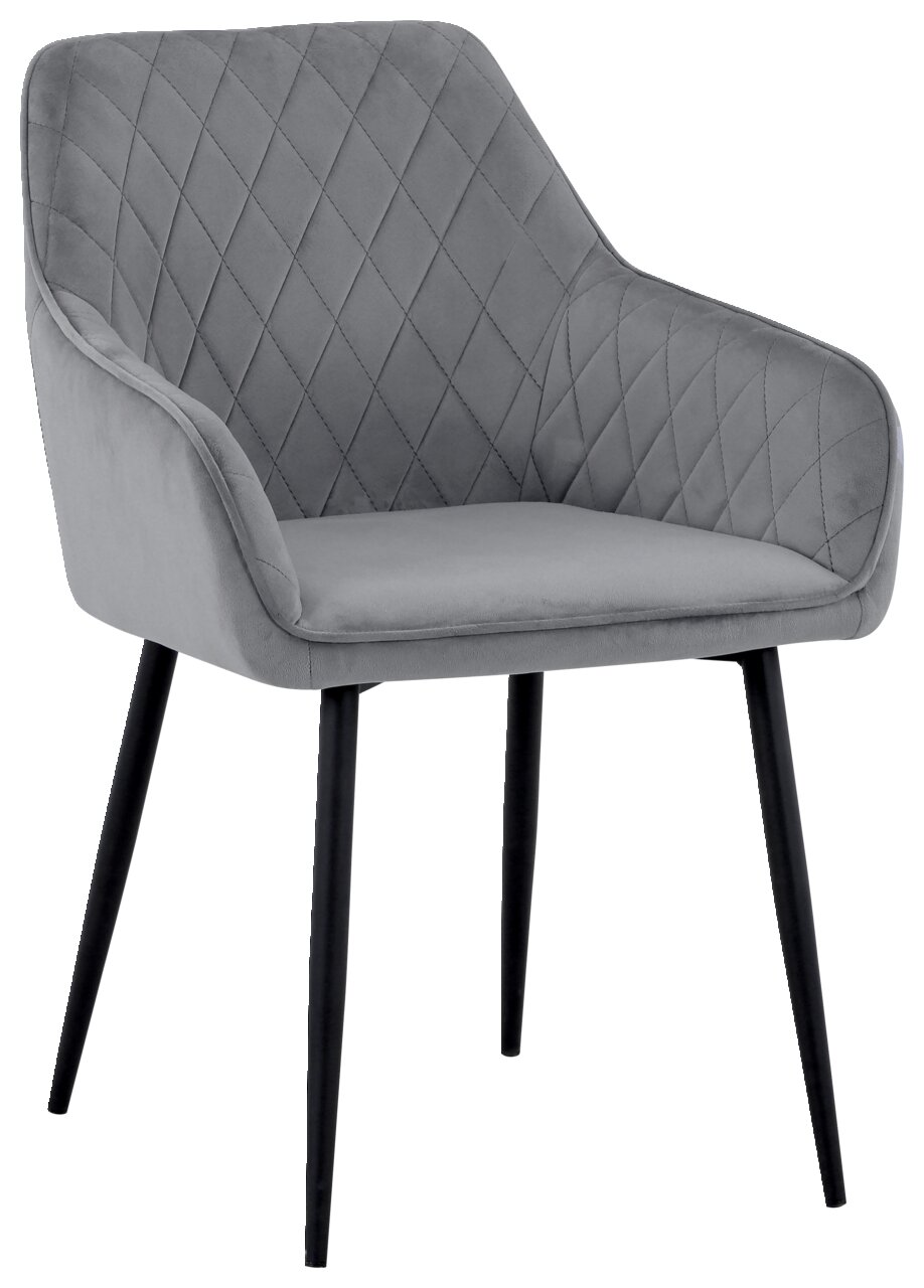 Novel Armlehnstuhl STU Grauer Armlehnstuhl mit gesteppter Rückenlehne und schwarzen Beinen, seitliche Perspektive