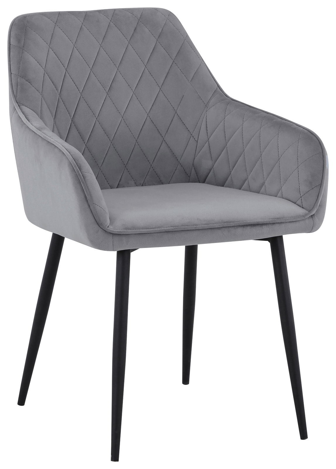 Grauer Armlehnstuhl mit gesteppter Rückenlehne und schwarzen Beinen, seitliche Perspektive