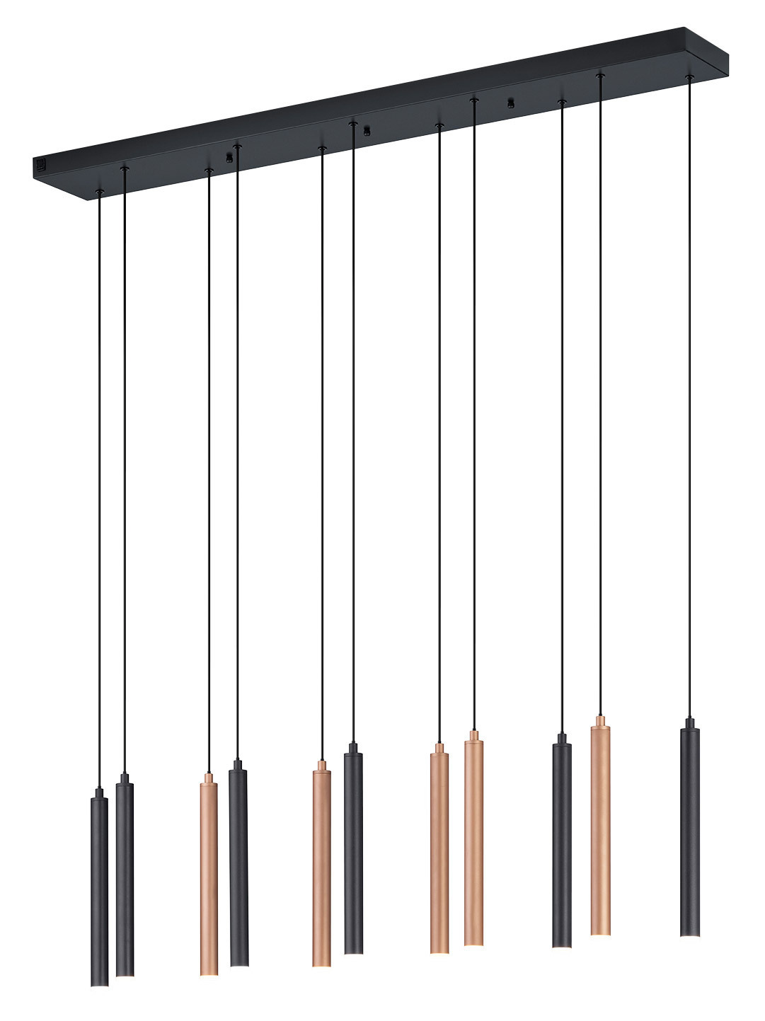 Moderne Pendelleuchte CALINA mit mehreren zylindrischen Lampenschirmen in Schwarz und Kupfer, von unten betrachtet.