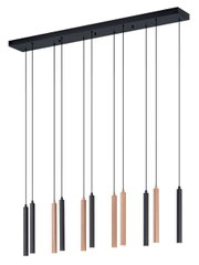 Moderne hanglamp CALINA met meerdere cilindervormige lampenkappen in zwart en koper, gezien van onderaf.