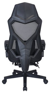 Rückansicht eines schwarzen Gaming-Stuhls mit futuristischem Design und Netzrückenlehne.