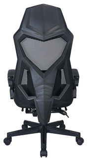 Rückansicht eines schwarzen Gaming-Stuhls mit futuristischem Design und Netzrückenlehne.