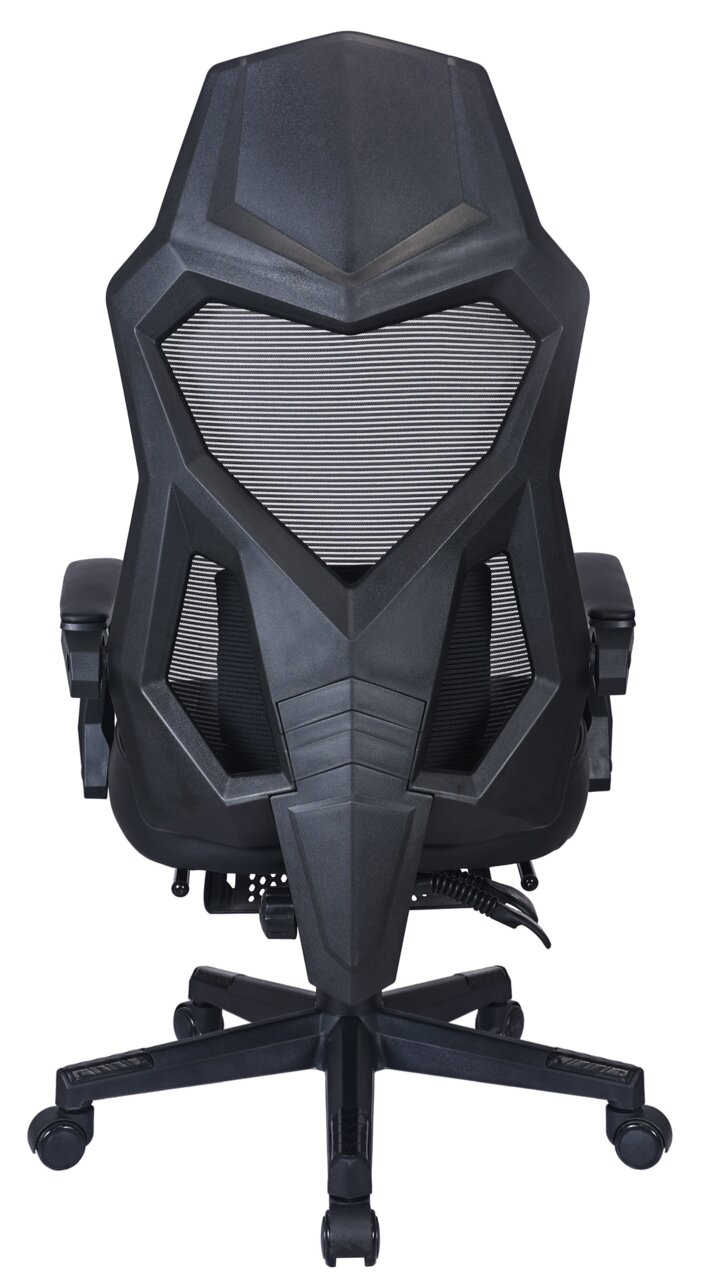Achterkant van een zwarte gamingstoel met een futuristisch ontwerp en een rugleuning van gaas.