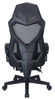 Achterkant van een zwarte gamingstoel met een futuristisch ontwerp en een rugleuning van gaas.