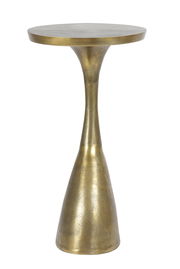 Goldener Beistelltisch mit runder Tischplatte und konisch zulaufendem Fuß, seitliche Perspektive