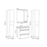 Technische Maßzeichnung eines Badmöbel-Sets mit zwei Hochschränken (180 cm hoch, 30 cm breit, 31,6 cm tief) und Waschtischunterschrank (60 cm breit, 45,5 cm tief, 54 cm hoch) mit Waschtisch; Ansicht vorne und seitlich in perspektivischer Darstellung.