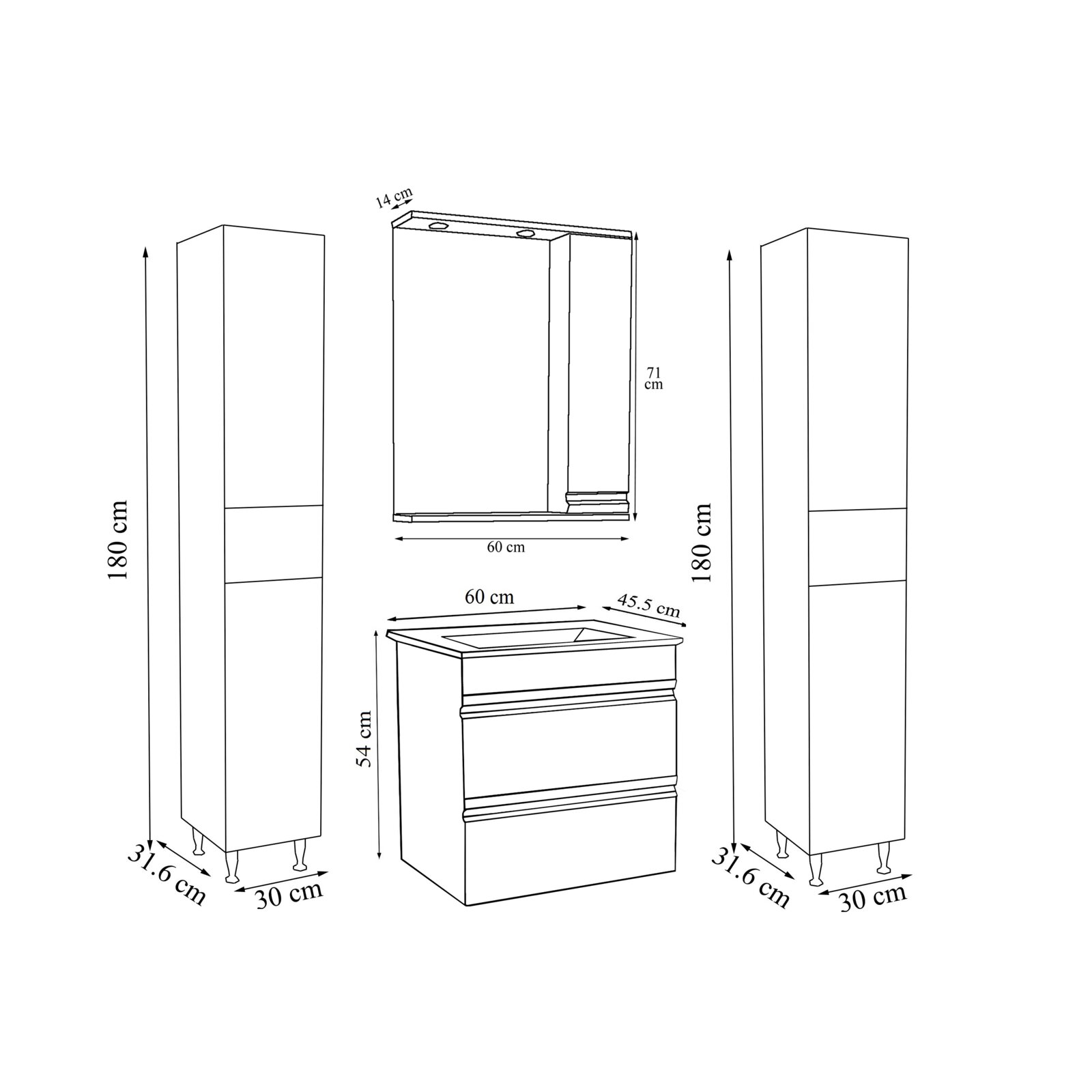 Technische Maßzeichnung eines Badmöbel-Sets mit zwei Hochschränken (180 cm hoch, 30 cm breit, 31,6 cm tief) und Waschtischunterschrank (60 cm breit, 45,5 cm tief, 54 cm hoch) mit Waschtisch; Ansicht vorne und seitlich in perspektivischer Darstellung.