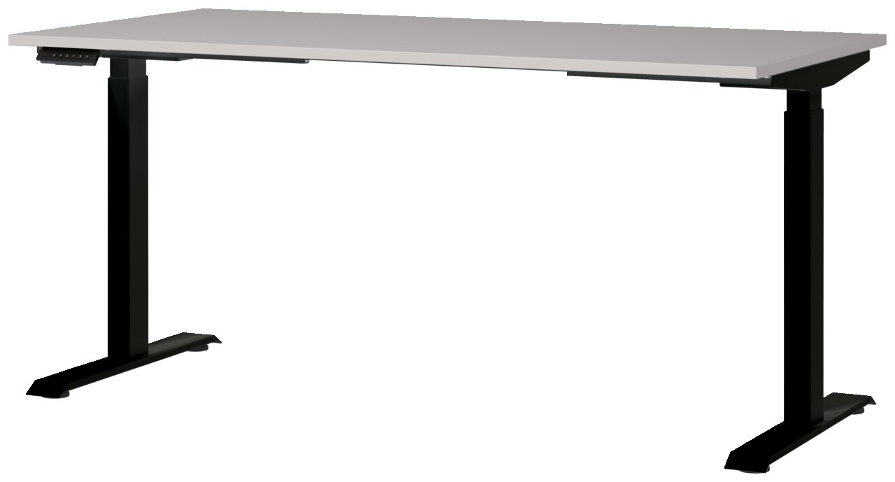 E-Serie E-Schreibtisch E-SYSTEM Moderner E-Schreibtisch 160x80 mit schwarzem Gestell und grauer Tischplatte, seitliche Perspektive