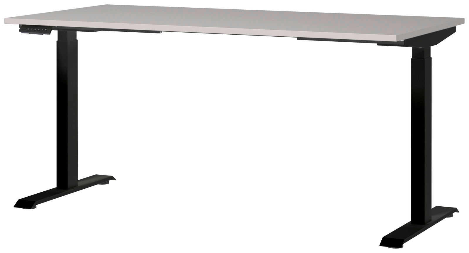 Moderner E-Schreibtisch 160x80 mit schwarzem Gestell und grauer Tischplatte, seitliche Perspektive