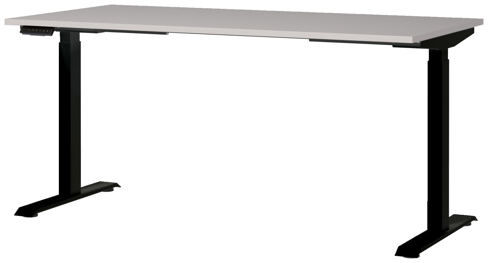 E-Serie E-bureau E-SYSTEM Modern elektrisch bureau 160x80 met zwart onderstel en grijs tafelblad, zijaanzicht