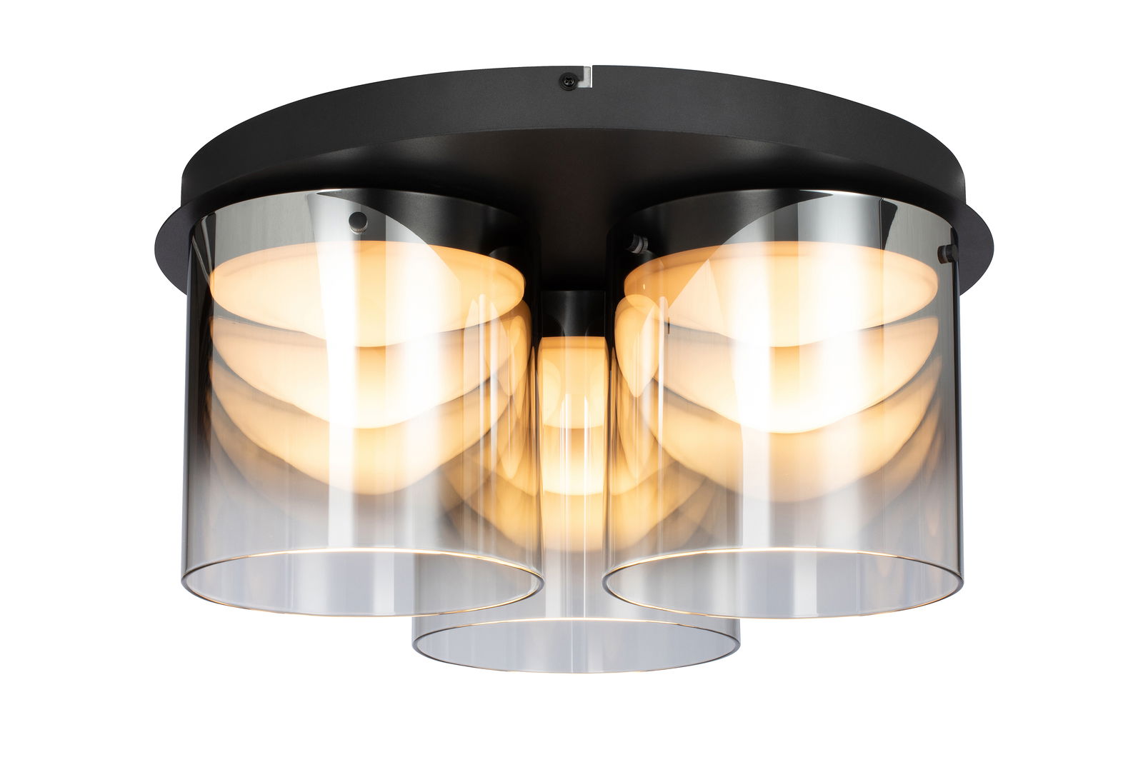 Moderne LED-Deckenleuchte mit drei zylindrischen, transparenten Schirmen, die warmes Licht abstrahlen. Ansicht von unten.