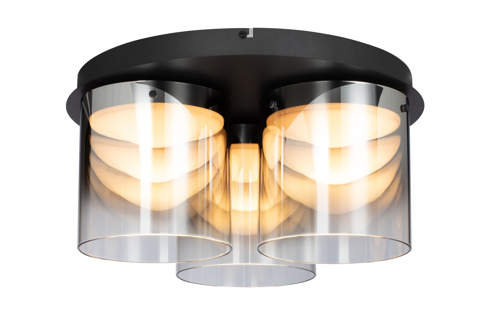 Moderne LED-Deckenleuchte mit drei zylindrischen, transparenten Schirmen, die warmes Licht abstrahlen. Ansicht von unten.