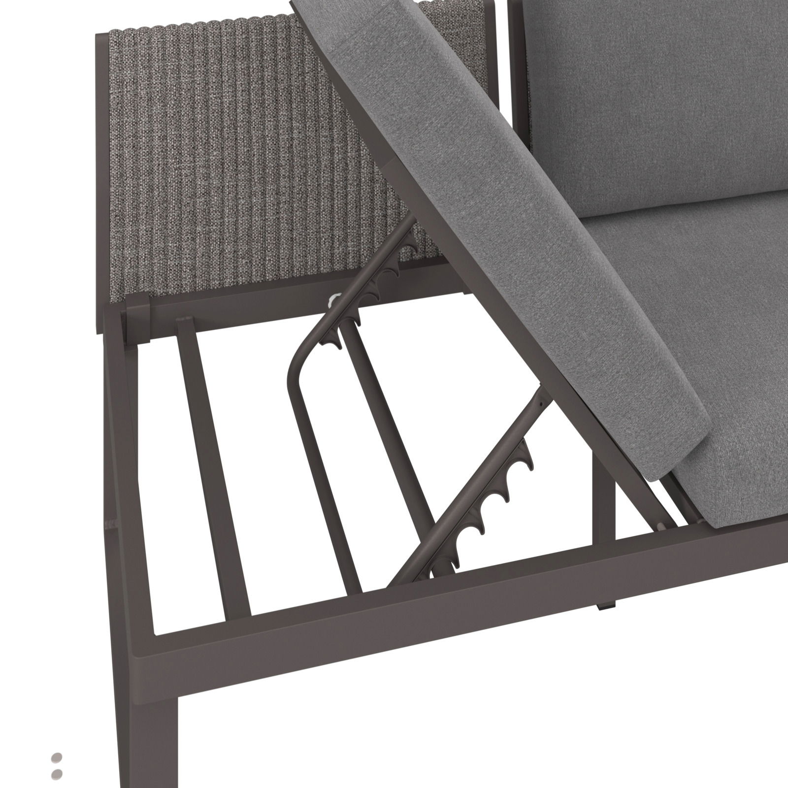 Detailansicht eines 3-Sitzer Sofas mit Funktion, zeigt den Mechanismus der Rückenlehne von der Seite.