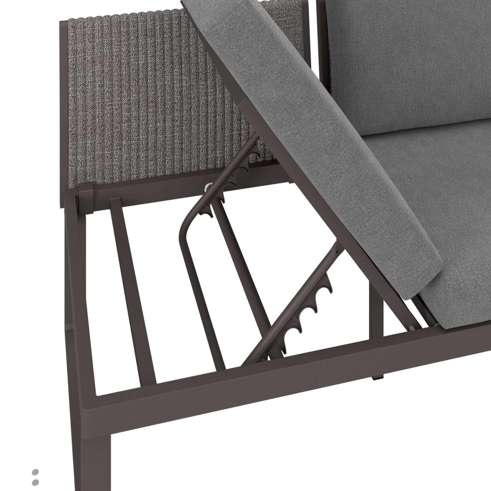 Detailansicht eines 3-Sitzer Sofas mit Funktion, zeigt den Mechanismus der Rückenlehne von der Seite.