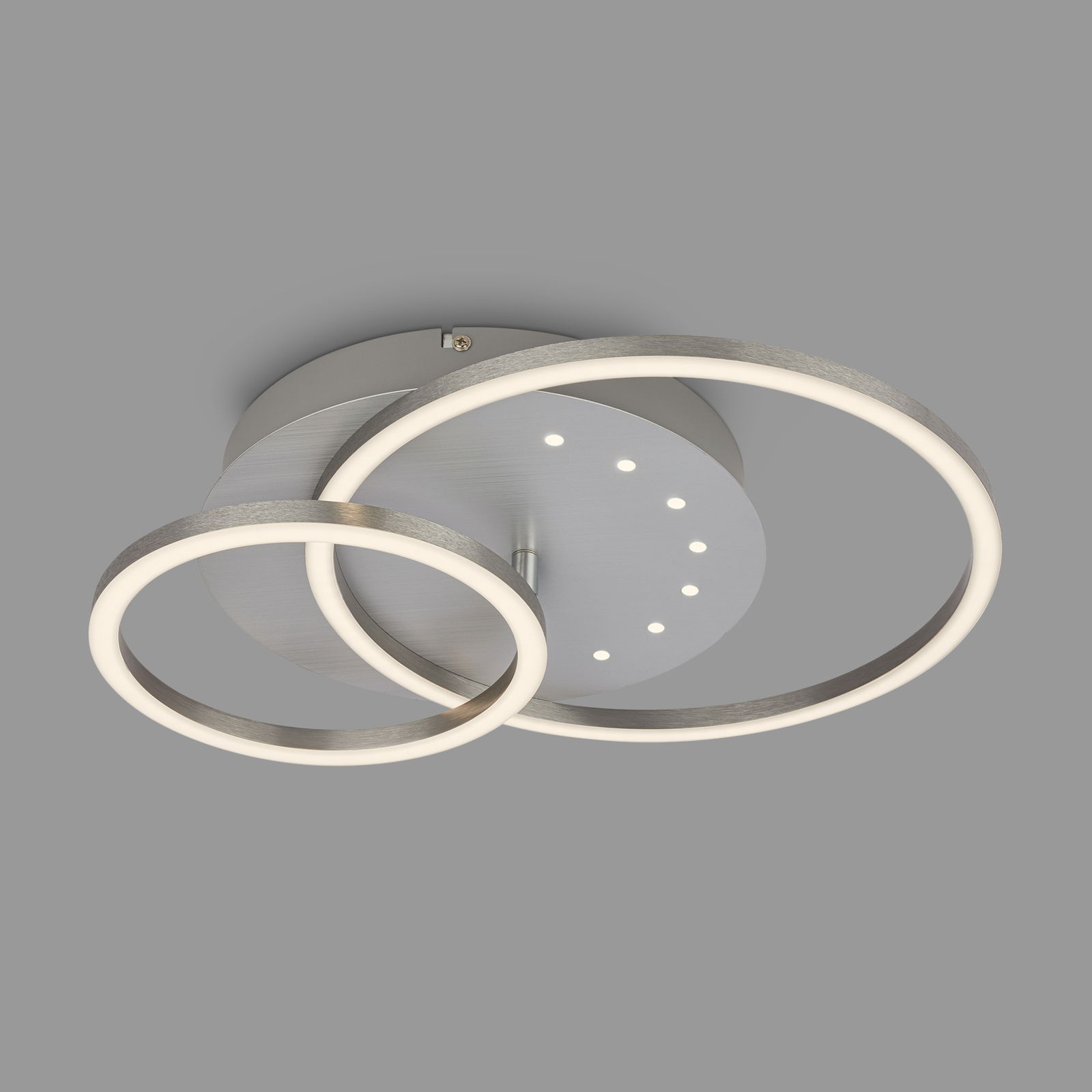 Moderne LED Deckenleuchte mit zwei leuchtenden Ringen und LED-Punkten, seitliche Perspektive