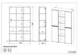 Technische Zeichnung eines Aktenschranks mit den Maßen: Breite 120 cm, Höhe 197 cm, Tiefe 40 cm. Perspektive von vorne, seitlich und in 3D-Ansicht.
