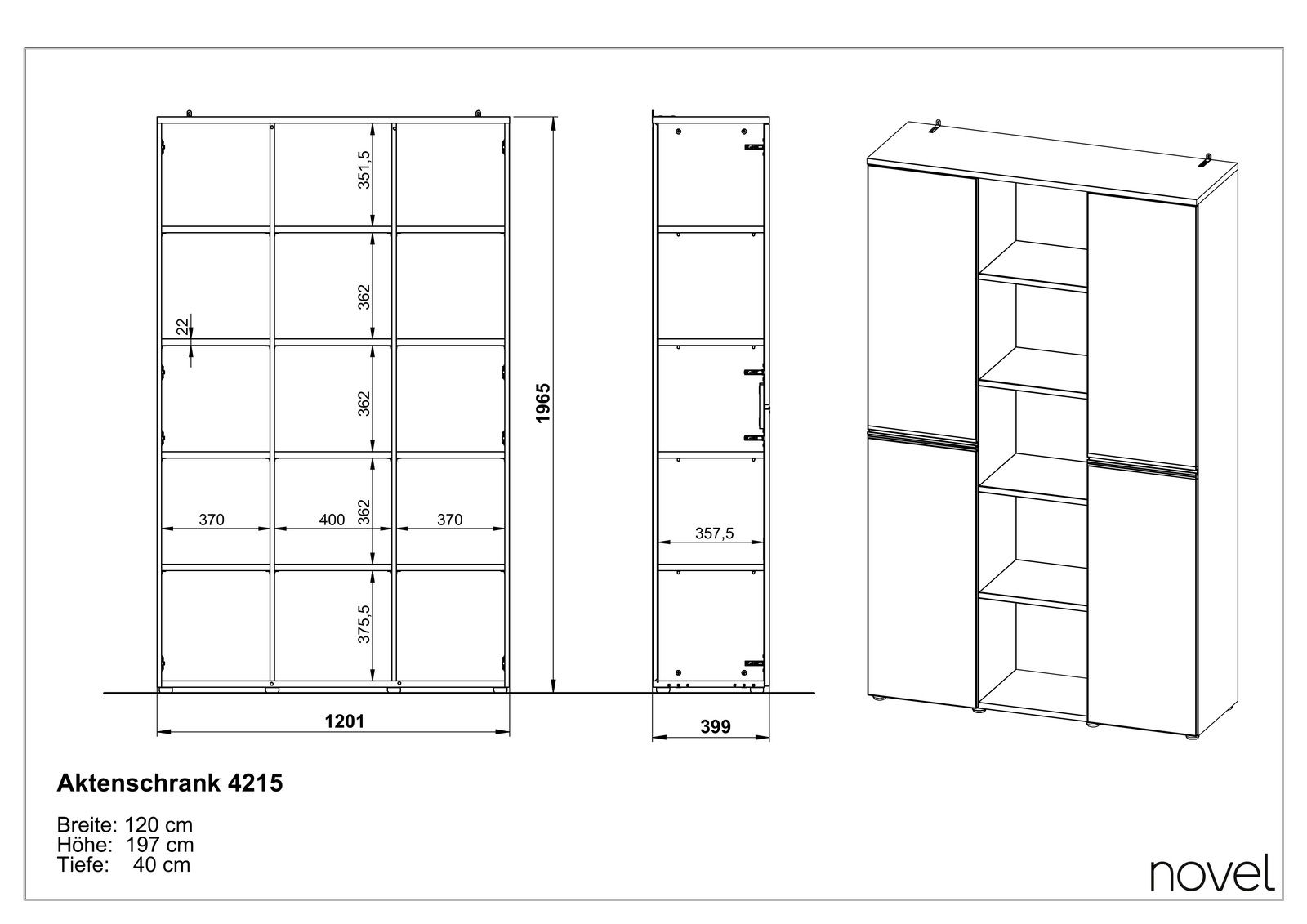 Technische Zeichnung eines Aktenschranks mit den Maßen: Breite 120 cm, Höhe 197 cm, Tiefe 40 cm. Perspektive von vorne, seitlich und in 3D-Ansicht.