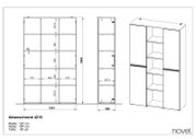 Technische Zeichnung eines Aktenschranks mit den Maßen: Breite 120 cm, Höhe 197 cm, Tiefe 40 cm. Perspektive von vorne, seitlich und in 3D-Ansicht.