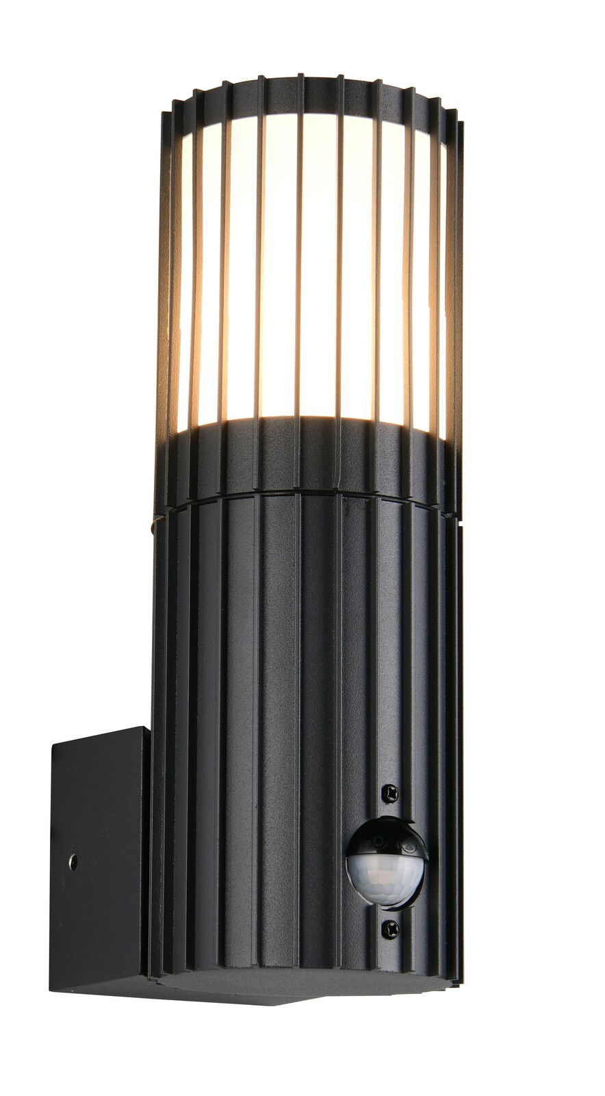 Trio Leuchten Aussenwandleuchte VOLGA Moderne schwarze Außenwandleuchte mit vertikalen Streben und integriertem Bewegungsmelder, seitliche Perspektive