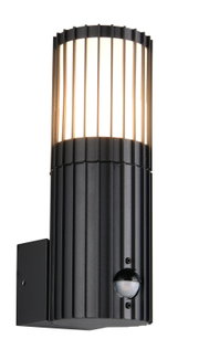 Moderne zwarte buitenwandlamp met verticale steunen en ingebouwde bewegingsmelder, zijaanzicht