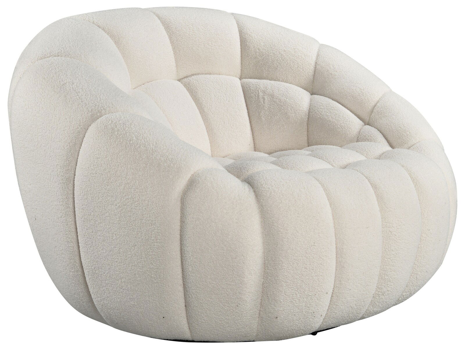 Beiger, gepolsterter Sessel mit runder Form, aus seitlicher Perspektive fotografiert.