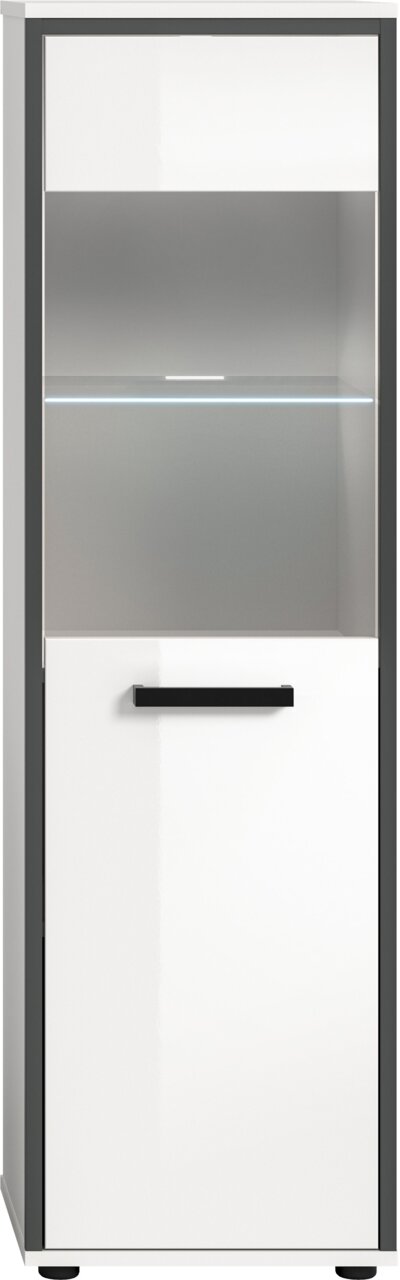 Moderne Vitrine/Standvitrine in Weiß mit schwarzem Rahmen, Glastür und LED-Innenbeleuchtung, Frontansicht