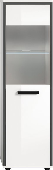 Moderne Vitrine/Standvitrine in Weiß mit schwarzem Rahmen, Glastür und LED-Innenbeleuchtung, Frontansicht