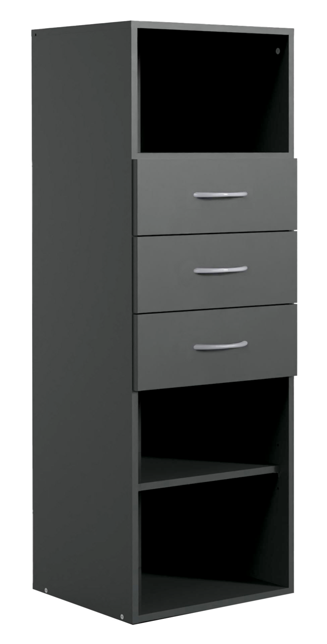 Graues Regal mit drei Schubladen und offenen Fächern, seitliche Perspektive