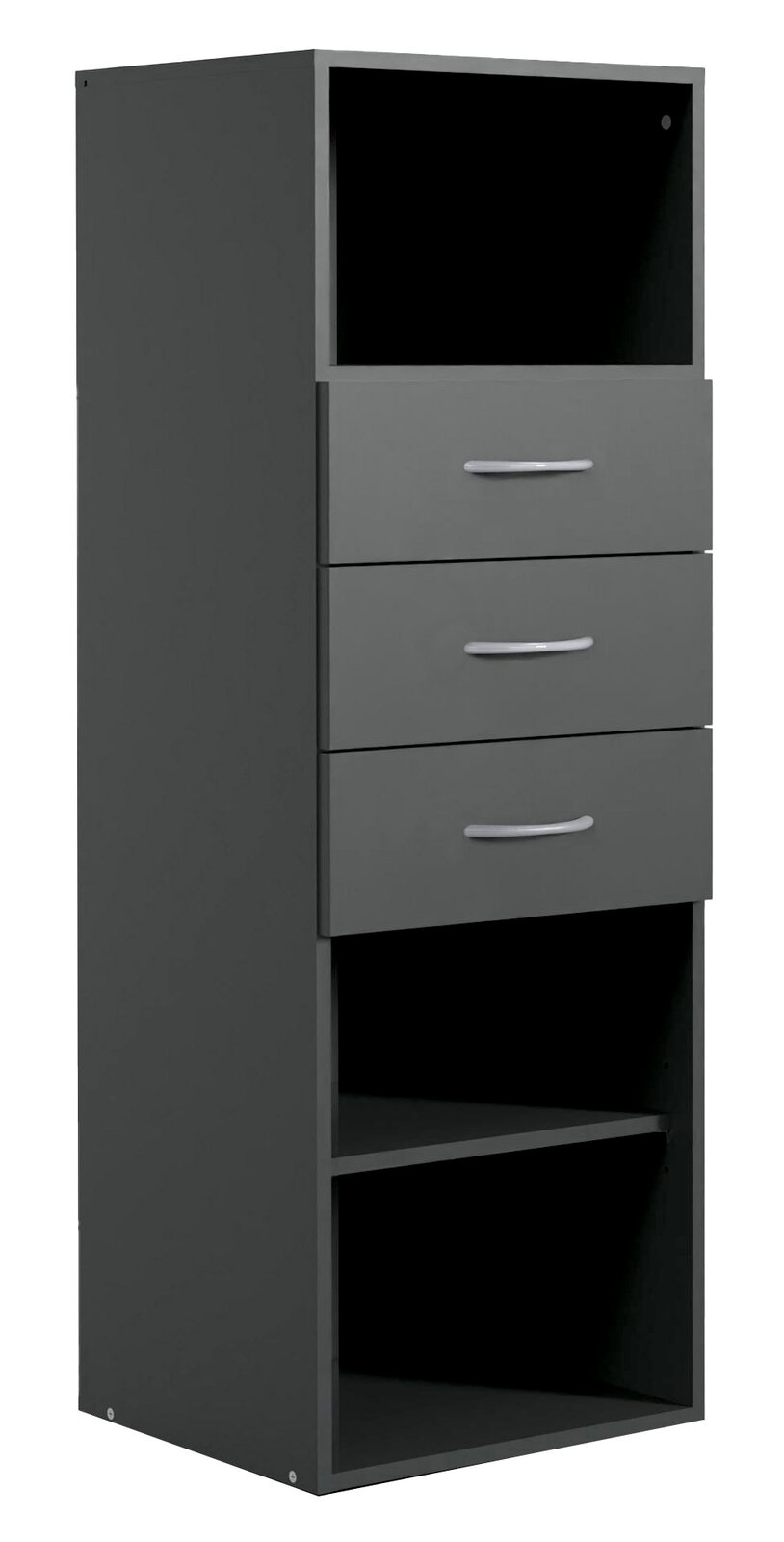 Graues Regal mit drei Schubladen und offenen Fächern, seitliche Perspektive