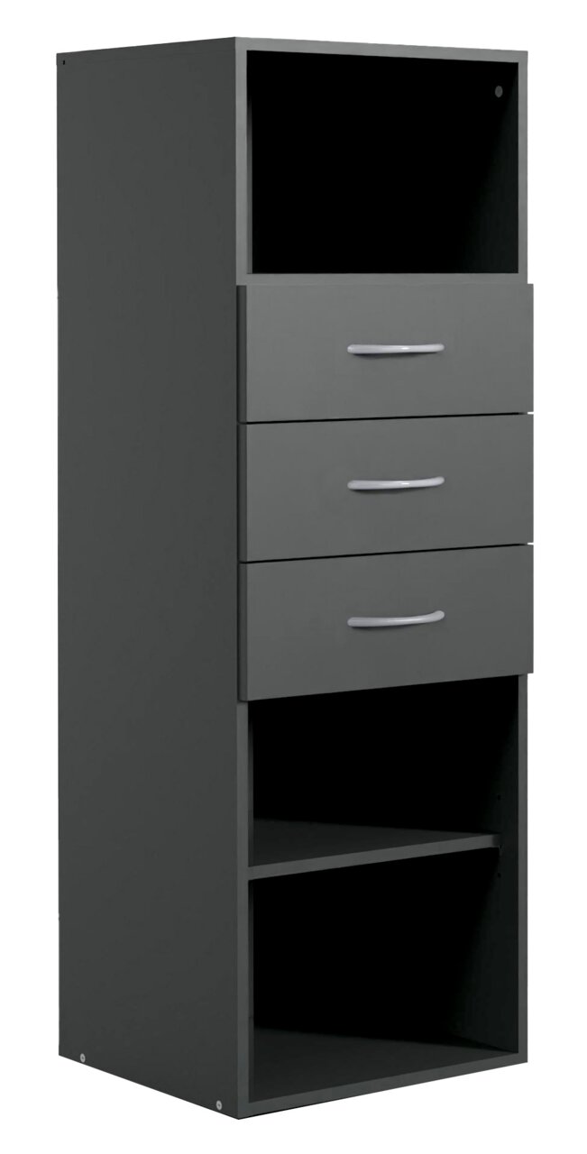 XORA Regal mittel MULTIRAUMKONZEPT Graues Regal mit drei Schubladen und offenen Fächern, seitliche Perspektive