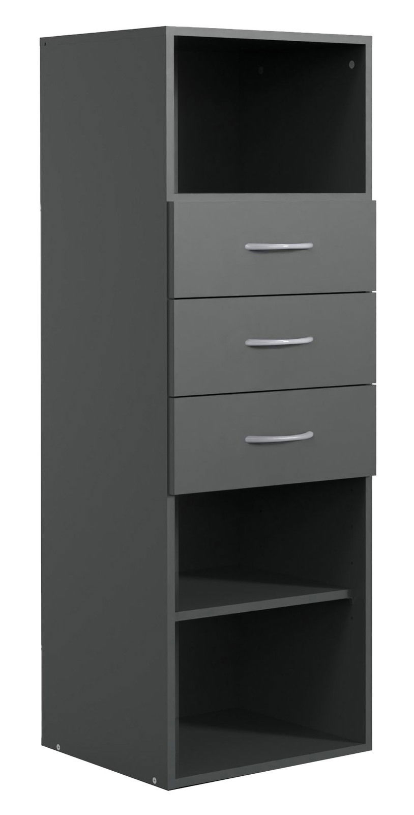 Graues Regal mit drei Schubladen und offenen Fächern, seitliche Perspektive