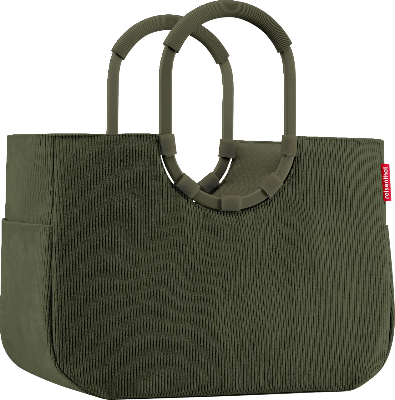 Olivgrüne Reisenthel Handtasche/Shopper mit gerippter Stoffstruktur und zwei ovalen Tragegriffen, Frontansicht leicht schräg von links vor weißem Hintergrund