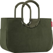 Olivgrüne Reisenthel Handtasche/Shopper mit gerippter Stoffstruktur und zwei ovalen Tragegriffen, Frontansicht leicht schräg von links vor weißem Hintergrund