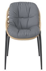 Frontalansicht eines Gartensessels mit grauem Polster und schwarzem Gestell.